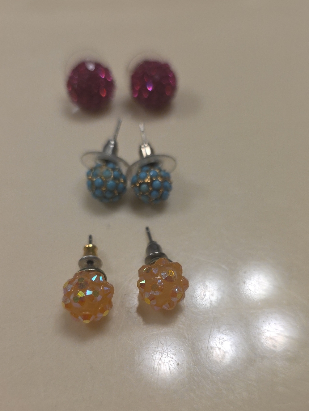 Set of Women's Sparkle Pierced Stud Earrings - Pink, Blue, Floral Pink